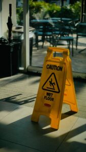 a caution wet floor sign in a business